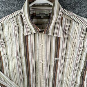 Faconnable Button Up Shirt Men Cotton Long Sleeve Beige Green Striped Large